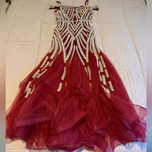 Prom Dress Elegant Red and Gold Gown